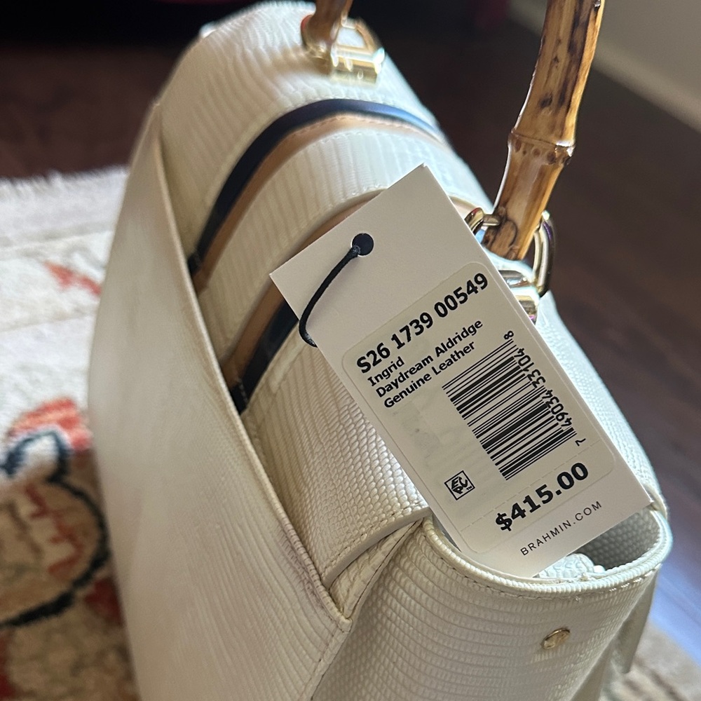 Brahmin Cream Satchel with Bamboo-Style Handle and Navy/Tan Trim - Picture 2 of 9